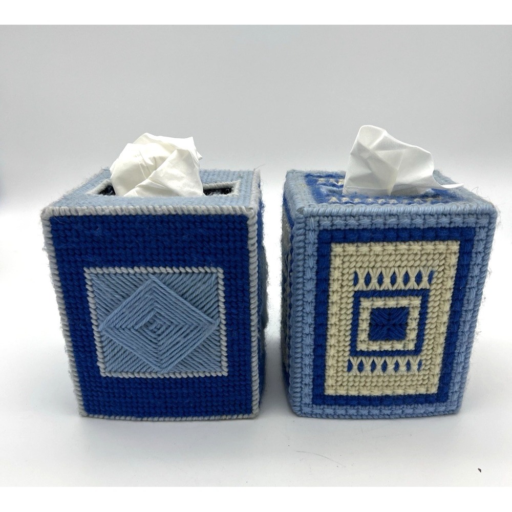 Vintage NEEDLEPOINT TISSUE BOX COVER LOT blue Finished Art MCM Grannycore decor
